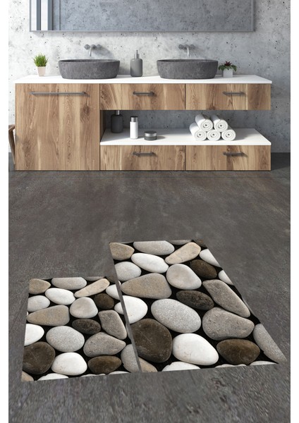 3d Renkli Taş Desenli Yıkanabilir Kolay Silinir Ikili Banyo Halısı Paspas, Klozet-46-Kahve,