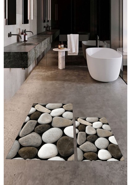 3d Renkli Taş Desenli Yıkanabilir Kolay Silinir Ikili Banyo Halısı Paspas, Klozet-46-Kahve, modelleri