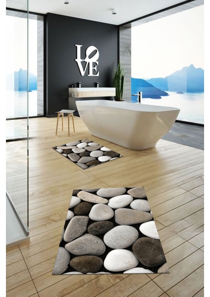 3d Renkli Taş Desenli Yıkanabilir Kolay Silinir Ikili Banyo Halısı Paspas, Klozet-46-Kahve, indirimleri