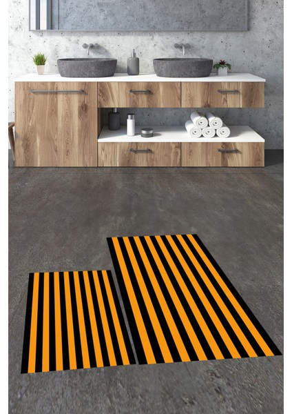 Dijital Baskılı Yıkanabilir Çizgili Modern Ikili Banyo Halısı Paspas, Klozet-50-Turuncu,
