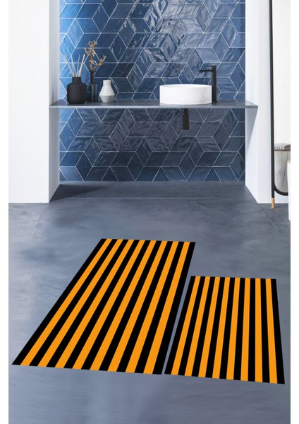 Dijital Baskılı Yıkanabilir Çizgili Modern Ikili Banyo Halısı Paspas, Klozet-50-Turuncu, fiyatları