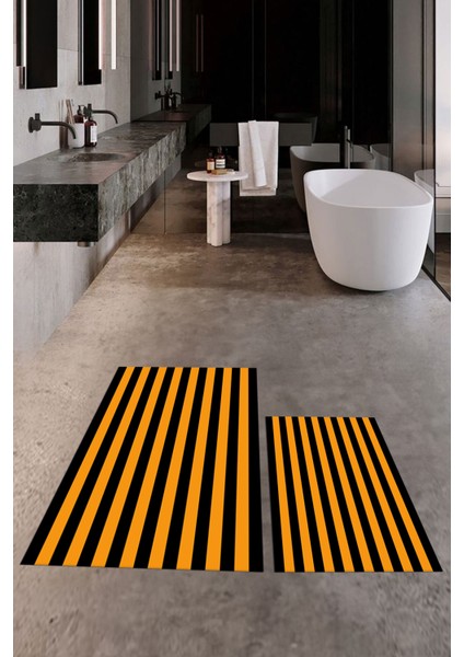 Dijital Baskılı Yıkanabilir Çizgili Modern Ikili Banyo Halısı Paspas, Klozet-50-Turuncu, modelleri