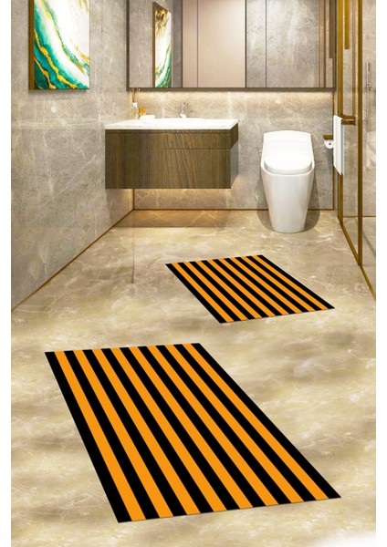 Dijital Baskılı Yıkanabilir Çizgili Modern Ikili Banyo Halısı Paspas, Klozet-50-Turuncu, fırsatları