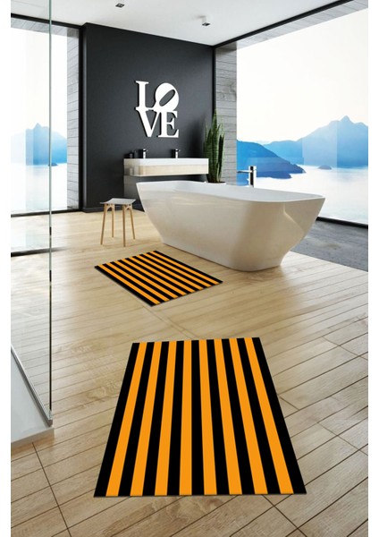 Dijital Baskılı Yıkanabilir Çizgili Modern Ikili Banyo Halısı Paspas, Klozet-50-Turuncu, indirimleri
