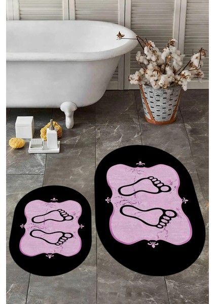 Dijital Baskılı Yıkanabilir Modern Ayak Izi Desenli Ikili Oval Banyo Halısı, Klozet-20-Pembe,