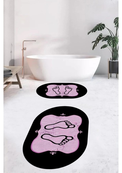 Dijital Baskılı Yıkanabilir Modern Ayak Izi Desenli Ikili Oval Banyo Halısı, Klozet-20-Pembe, fiyatları