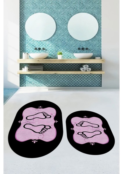 Dijital Baskılı Yıkanabilir Modern Ayak Izi Desenli Ikili Oval Banyo Halısı, Klozet-20-Pembe, modelleri