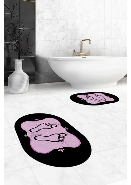 Dijital Baskılı Yıkanabilir Modern Ayak Izi Desenli Ikili Oval Banyo Halısı, Klozet-20-Pembe, fırsatları