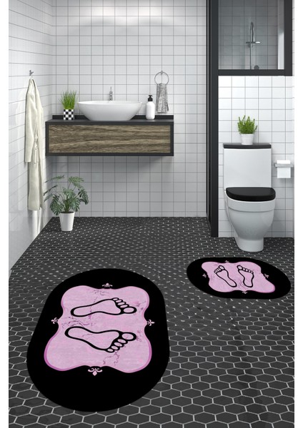 Dijital Baskılı Yıkanabilir Modern Ayak Izi Desenli Ikili Oval Banyo Halısı, Klozet-20-Pembe, indirimleri