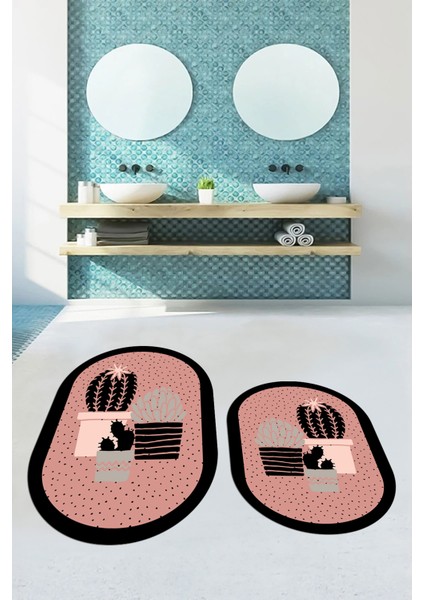 Dijital Baskılı Yıkanabilir Kaktüs Çiçek Desenli Ikili Oval Banyo Halısı, Klozet-22-Pembe, fiyatları