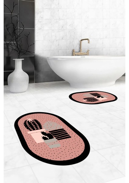 Dijital Baskılı Yıkanabilir Kaktüs Çiçek Desenli Ikili Oval Banyo Halısı, Klozet-22-Pembe, modelleri