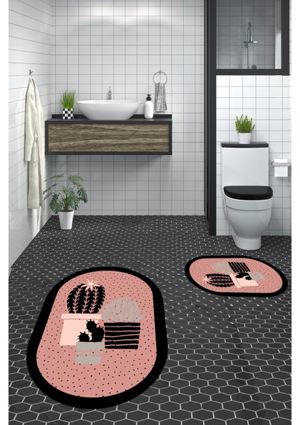 Dijital Baskılı Yıkanabilir Kaktüs Çiçek Desenli Ikili Oval Banyo Halısı, Klozet-22-Pembe, fırsatları