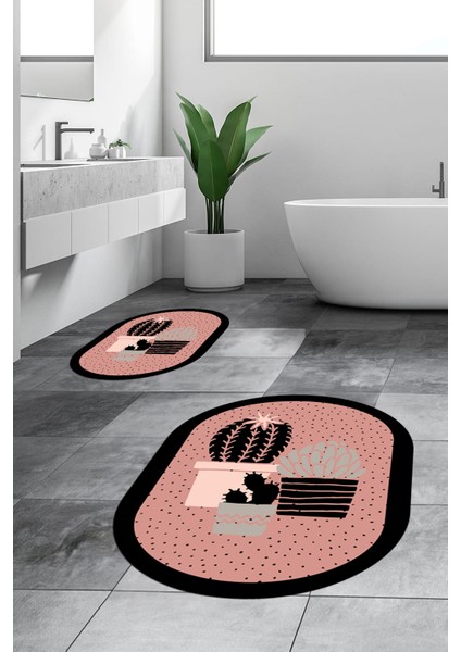 Dijital Baskılı Yıkanabilir Kaktüs Çiçek Desenli Ikili Oval Banyo Halısı, Klozet-22-Pembe, indirimleri