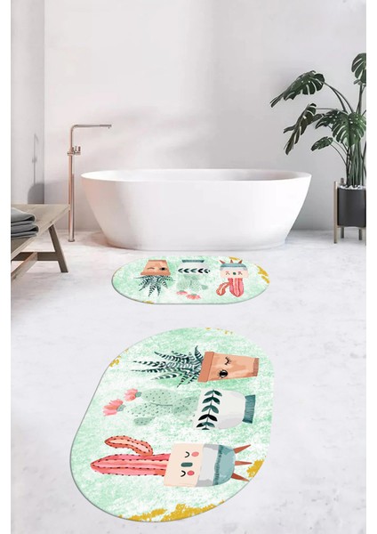 Dijital Baskılı Yıkanabilir Renkli Kaktüs Desenli Ikili Banyo Halısı Oval, Klozet-24-Yeşil,