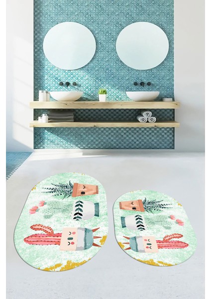 Dijital Baskılı Yıkanabilir Renkli Kaktüs Desenli Ikili Banyo Halısı Oval, Klozet-24-Yeşil, fiyatları