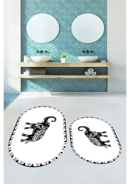 Dijital Baskılı Yıkanabilir Fil Desenli Ikili Banyo Halısı Paspas Oval, Klozet-32-Beyaz,