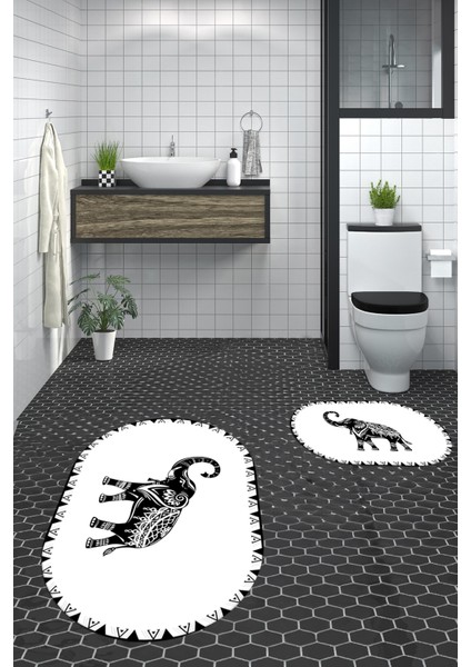 Dijital Baskılı Yıkanabilir Fil Desenli Ikili Banyo Halısı Paspas Oval, Klozet-32-Beyaz, modelleri