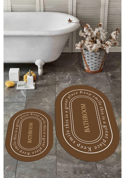 Dijital Baskılı Yıkanabilir Desenli Bathroom Yazılı Oval Banyo Paspası, Klozet-05-Kahve, modelleri
