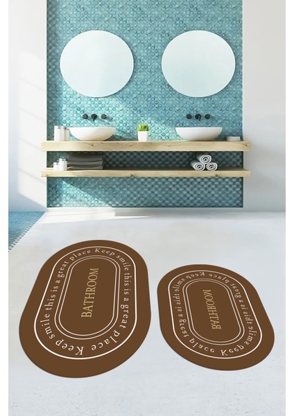 Dijital Baskılı Yıkanabilir Desenli Bathroom Yazılı Oval Banyo Paspası, Klozet-05-Kahve, indirimleri