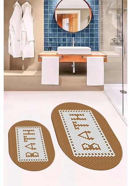 Dijital Baskılı Mozaik Desenli Bath Yazılı Ikili Oval Banyo Paspası, Klozet-07-Kahve,