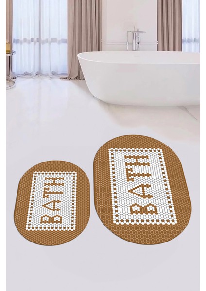 Dijital Baskılı Mozaik Desenli Bath Yazılı Ikili Oval Banyo Paspası, Klozet-07-Kahve, fiyatları