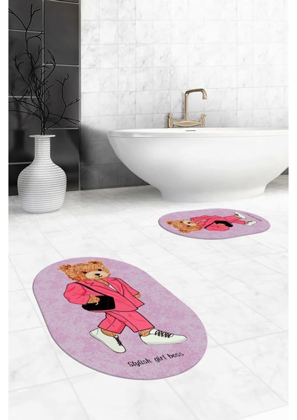 Dijital Baskılı Yıkanabilir Ayıcık Desenli Ikili Banyo Halısı Paspas Oval, Klozet-34-Pembe,