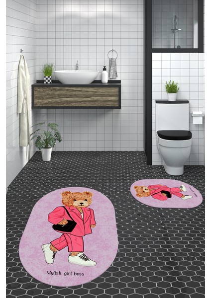 Dijital Baskılı Yıkanabilir Ayıcık Desenli Ikili Banyo Halısı Paspas Oval, Klozet-34-Pembe, fiyatları