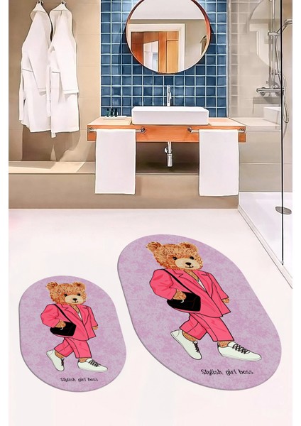 Dijital Baskılı Yıkanabilir Ayıcık Desenli Ikili Banyo Halısı Paspas Oval, Klozet-34-Pembe, fırsatları