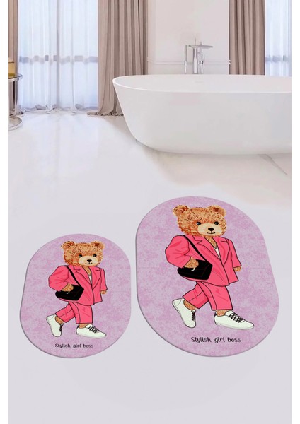 Dijital Baskılı Yıkanabilir Ayıcık Desenli Ikili Banyo Halısı Paspas Oval, Klozet-34-Pembe, indirimleri