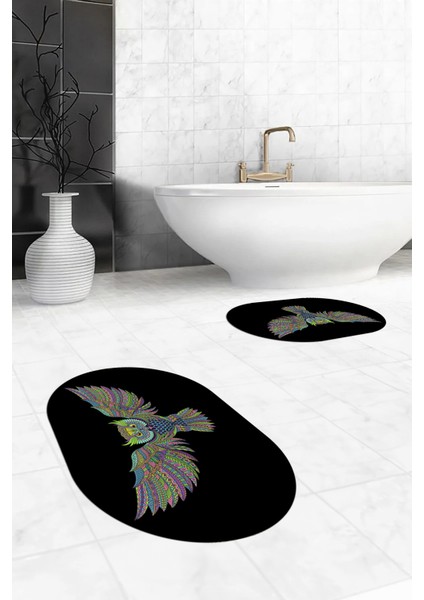 Dijital Baskılı Yıkanabilir Rengarenk Baykuş Ikili Banyo Halısı Paspas Oval, Klozet-37-Siyah,