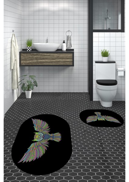 Dijital Baskılı Yıkanabilir Rengarenk Baykuş Ikili Banyo Halısı Paspas Oval, Klozet-37-Siyah, fiyatları