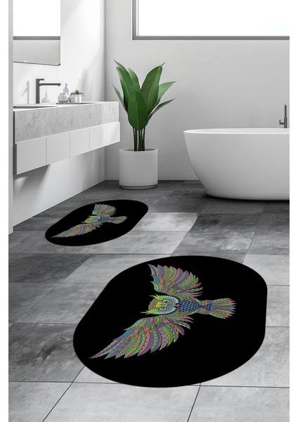 Dijital Baskılı Yıkanabilir Rengarenk Baykuş Ikili Banyo Halısı Paspas Oval, Klozet-37-Siyah, modelleri