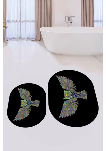 Dijital Baskılı Yıkanabilir Rengarenk Baykuş Ikili Banyo Halısı Paspas Oval, Klozet-37-Siyah, indirimleri