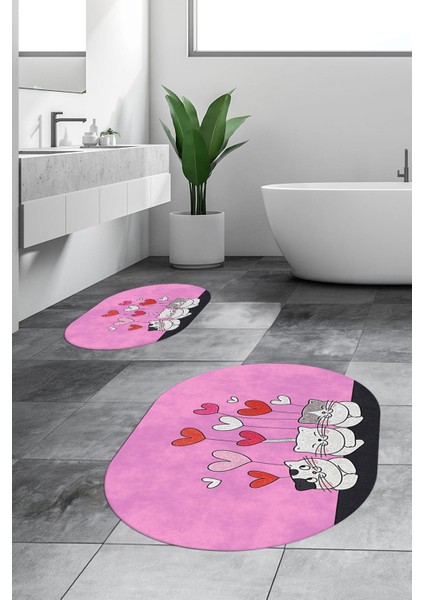 Dijital Baskılı Yıkanabilir Kalipli Kediler Desenli Ikili Banyo Halısı Oval, Klozet-42-Pembe, fiyatları