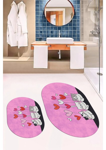 Dijital Baskılı Yıkanabilir Kalipli Kediler Desenli Ikili Banyo Halısı Oval, Klozet-42-Pembe, modelleri