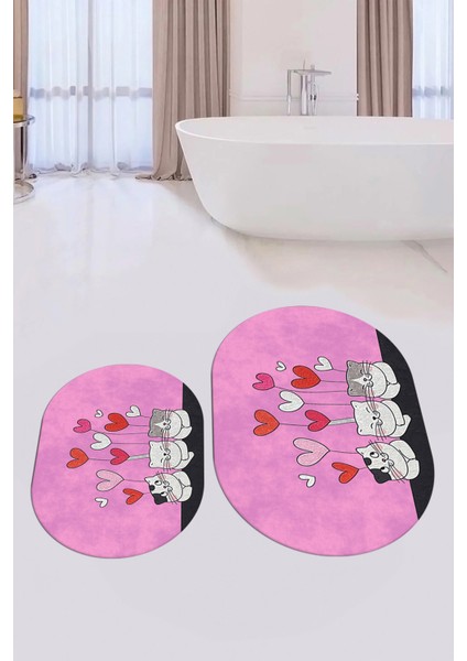 Dijital Baskılı Yıkanabilir Kalipli Kediler Desenli Ikili Banyo Halısı Oval, Klozet-42-Pembe, fırsatları