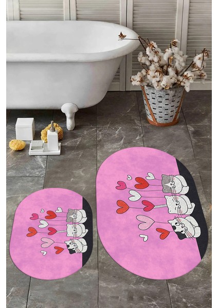 Dijital Baskılı Yıkanabilir Kalipli Kediler Desenli Ikili Banyo Halısı Oval, Klozet-42-Pembe, indirimleri