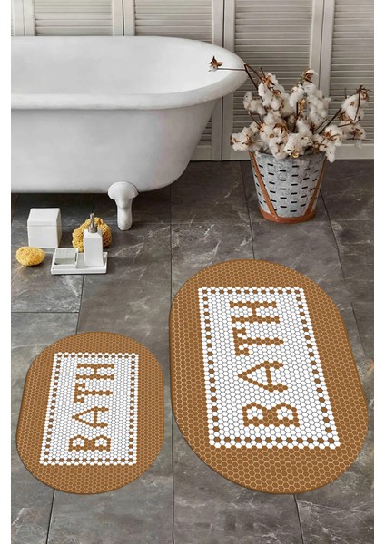 Dijital Baskılı Mozaik Desenli Bath Yazılı Ikili Oval Banyo Paspası, Klozet-07-Kahve, modelleri