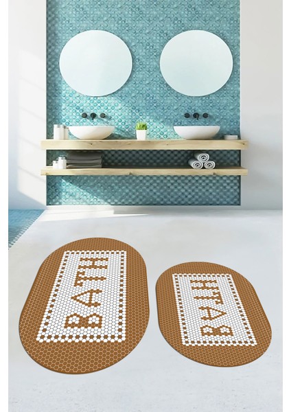 Dijital Baskılı Mozaik Desenli Bath Yazılı Ikili Oval Banyo Paspası, Klozet-07-Kahve, indirimleri