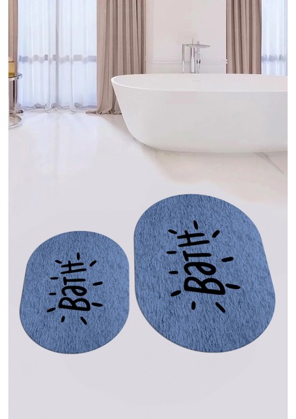 Dijital Baskılı Yıkanabilir Bath Yazılı Ikili Oval Banyo Halısı Paspas, Klozet-09-Mavi,