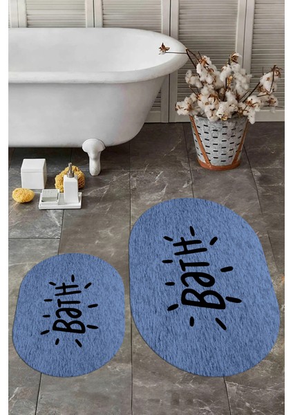 Dijital Baskılı Yıkanabilir Bath Yazılı Ikili Oval Banyo Halısı Paspas, Klozet-09-Mavi,