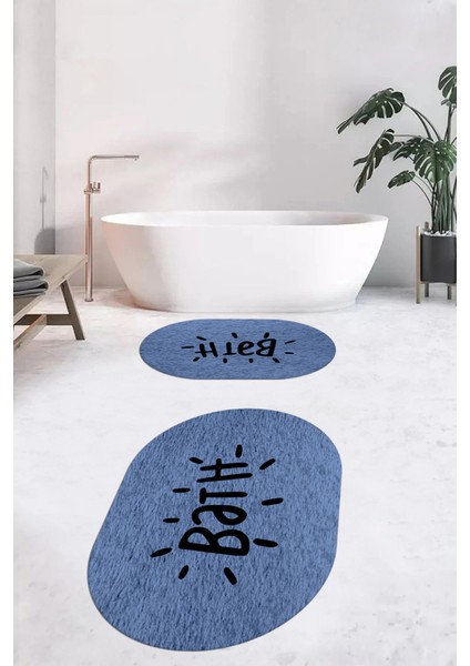 Dijital Baskılı Yıkanabilir Bath Yazılı Ikili Oval Banyo Halısı Paspas, Klozet-09-Mavi,