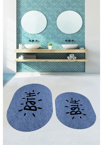 Dijital Baskılı Yıkanabilir Bath Yazılı Ikili Oval Banyo Halısı Paspas, Klozet-09-Mavi,