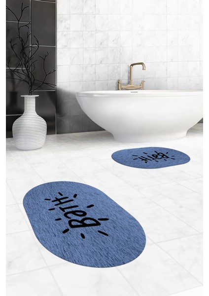 Dijital Baskılı Yıkanabilir Bath Yazılı Ikili Oval Banyo Halısı Paspas, Klozet-09-Mavi,