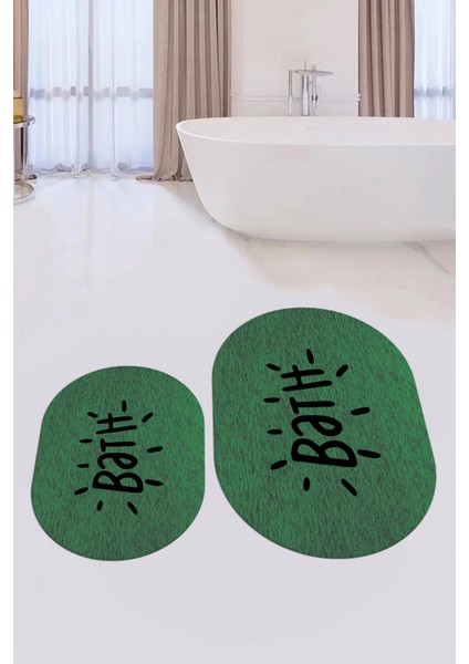 Dijital Baskılı Yıkanabilir Bath Yazılı Ikili Oval Banyo Halısı Paspas, Klozet-09-Yeşil,