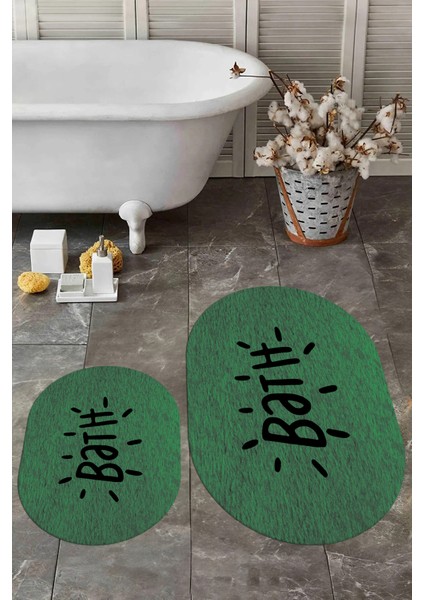 Dijital Baskılı Yıkanabilir Bath Yazılı Ikili Oval Banyo Halısı Paspas, Klozet-09-Yeşil, fiyatları