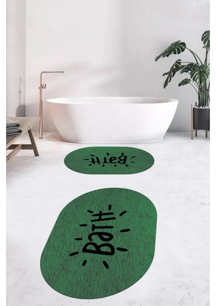 Dijital Baskılı Yıkanabilir Bath Yazılı Ikili Oval Banyo Halısı Paspas, Klozet-09-Yeşil, modelleri