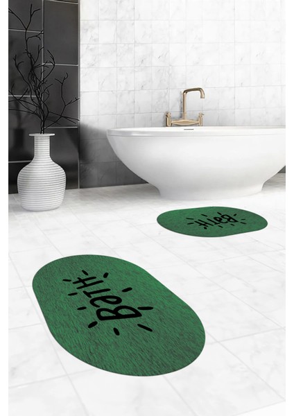 Dijital Baskılı Yıkanabilir Bath Yazılı Ikili Oval Banyo Halısı Paspas, Klozet-09-Yeşil, indirimleri