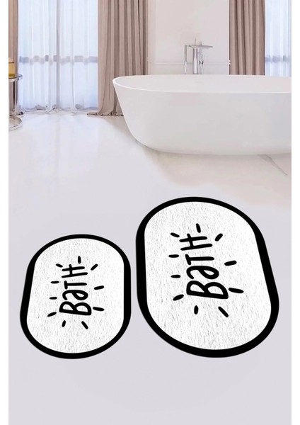 Dijital Baskılı Yıkanabilir Çerçeveli Bath Yazılı Ikili Oval Banyo Halısı Paspas, Klozet-10-Beyaz,