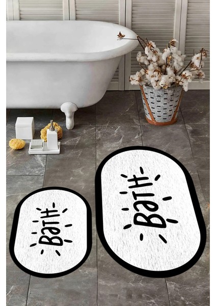 Dijital Baskılı Yıkanabilir Çerçeveli Bath Yazılı Ikili Oval Banyo Halısı Paspas, Klozet-10-Beyaz,